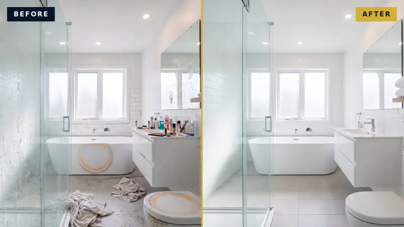 Illustrative comparison of the same bathroom: before, with stained tub and toilet, soap scum and towels on the floor; after, with pristine white fixtures and tile.