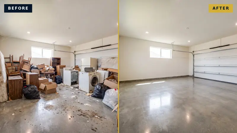 Illustrative comparison of the same garage: before, filled with discarded furniture, boxes and trash bags; after, completely cleared and clean.