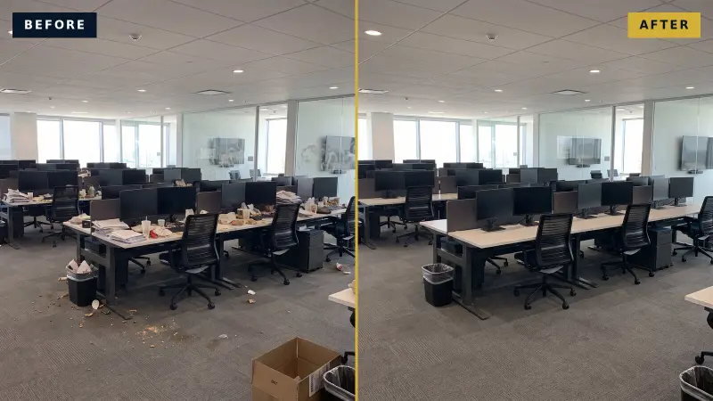 Illustrative comparison of the same open-plan office: before, with cluttered desks and debris on the carpet; after, tidy and professionally cleaned.