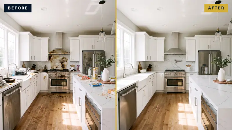 Illustrative comparison of the same kitchen: before, with dirty dishes, food spills and a greasy stove; after, with spotless counters, appliances and floor.