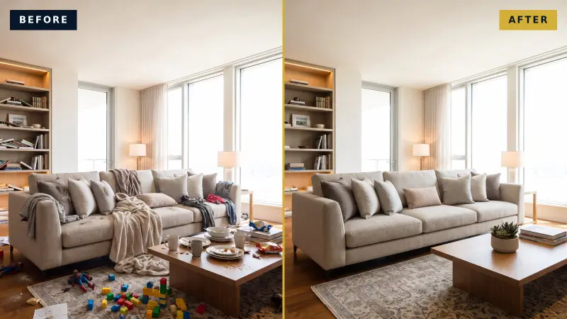 Illustrative comparison of the same living room: before, cluttered with clothes, dishes and toys; after, clean and organized.