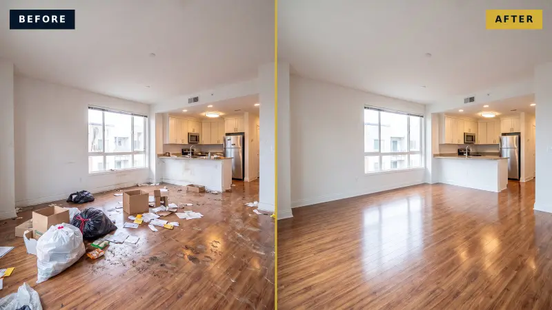 Illustrative comparison of the same vacant rental: before, with trash bags, boxes and dirty floors; after, empty, spotless and move-in ready.