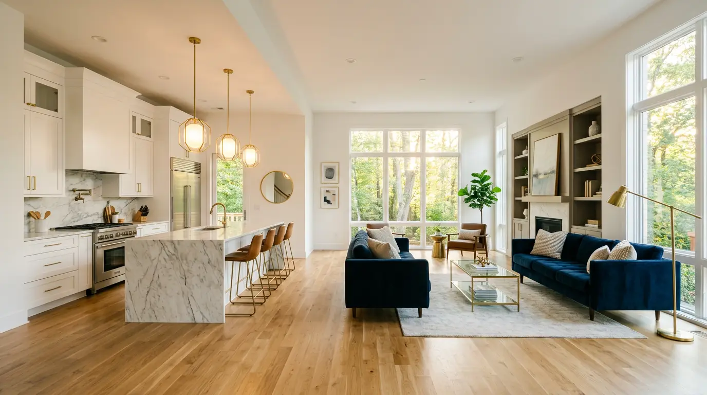 Spotless modern open-plan living room and kitchen with warm natural light
